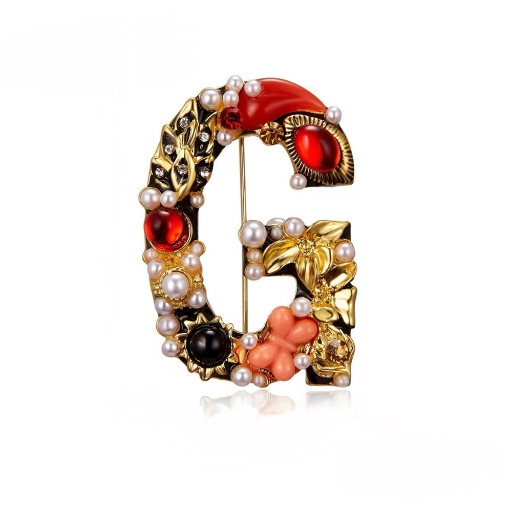Elegant Gold And Red Brooch With Pearl Accents